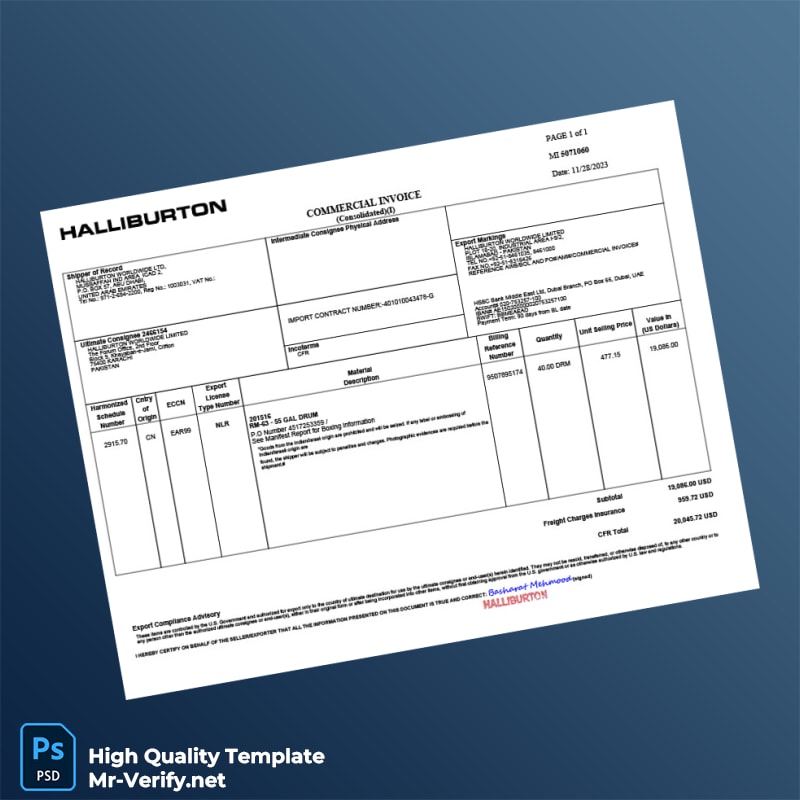 United Arab Emirates Halliburton Commercial Invoice Template in Word and PDF formats United Arab Emirates Halliburton Commercial Invoice Template in Word and PDF formats