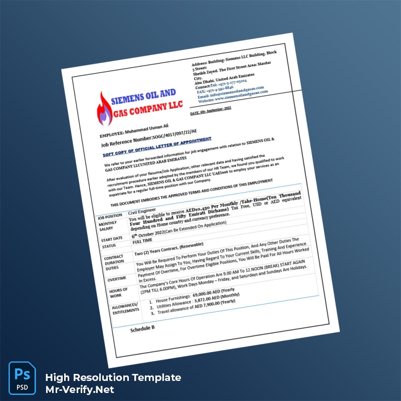 Editable United Arab Emirates Siemens Oil Gas Company LLC Employment Verification Letter Word and Pdf Template 5 page Editable United Arab Emirates Siemens Oil Gas Company LLC Employment Verification Letter Word and Pdf Template 5 page