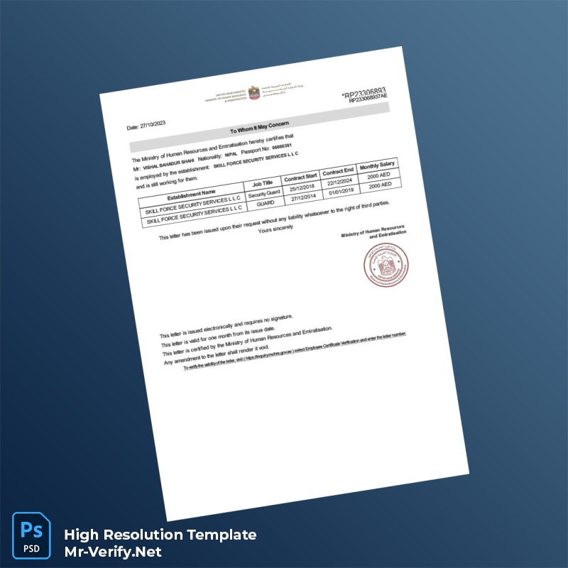 Editable United Arab Emirates Skill Force Security Services LLC Employment Verification Letter Word and Pdf Template Editable United Arab Emirates Skill Force Security Services LLC Employment Verification Letter Word and Pdf Template