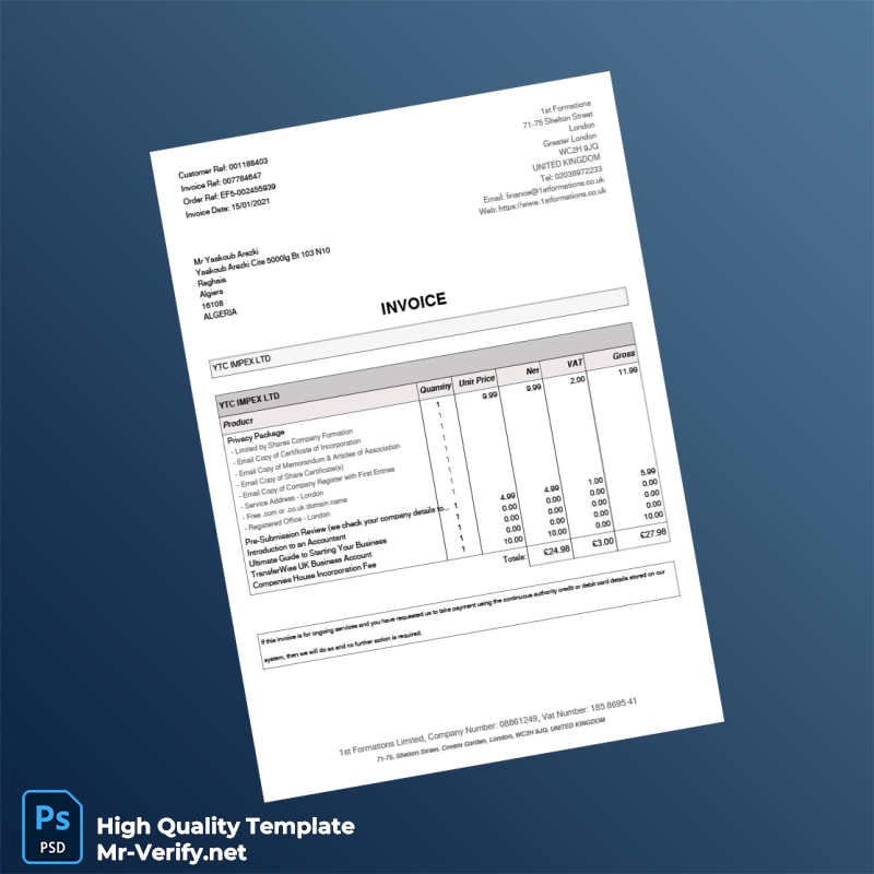 United Kingdom 1st Formations Invoice Template in Word and PDF formats United Kingdom 1st Formations Invoice Template in Word and PDF formats