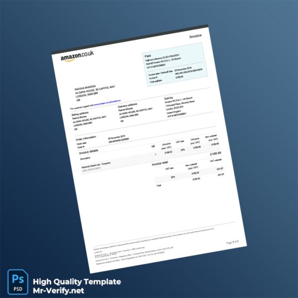 United Kingdom Amazon EU S à r l Invoice Template in Word and PDF formats