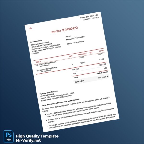 United Kingdom Bilal Consultancy Limited Invoice Template in Word and PDF formats 2 page United Kingdom Bilal Consultancy Limited Invoice Template in Word and PDF formats 2 page