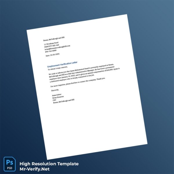 Editable United Kingdom Braun McCullough and Hill Employment Verification Letter Word and Pdf Template
