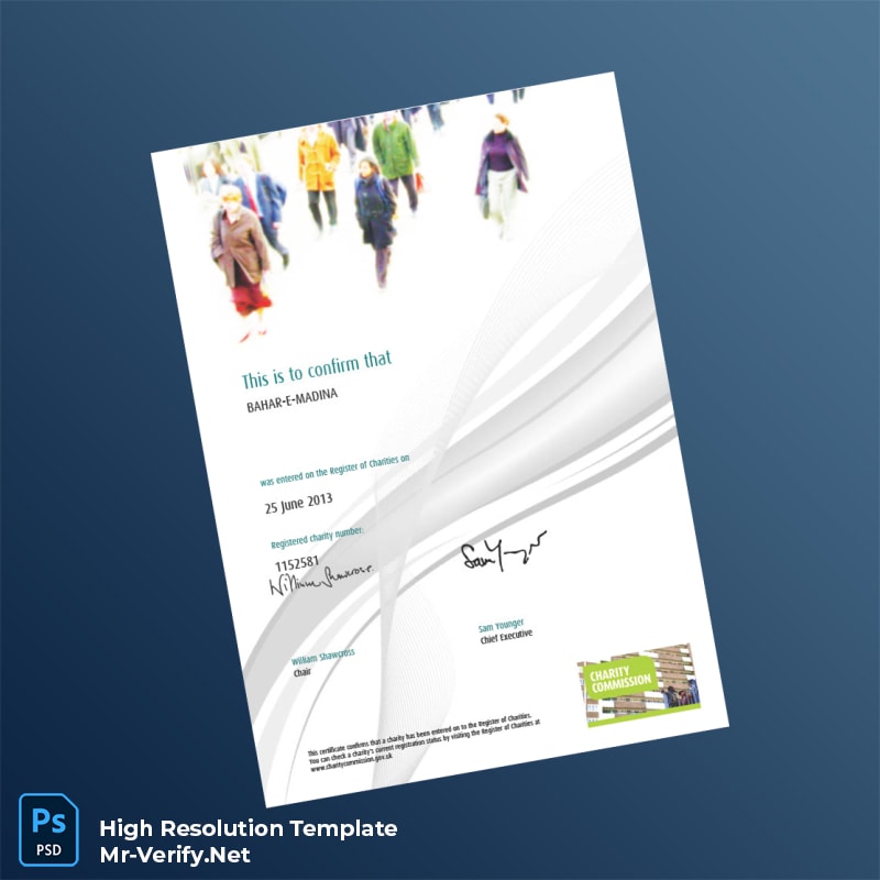 United Kingdom Charity Commission Charity Registration Certificate Word and Pdf Template 2 page United Kingdom Charity Commission Charity Registration Certificate Word and Pdf Template 2 page