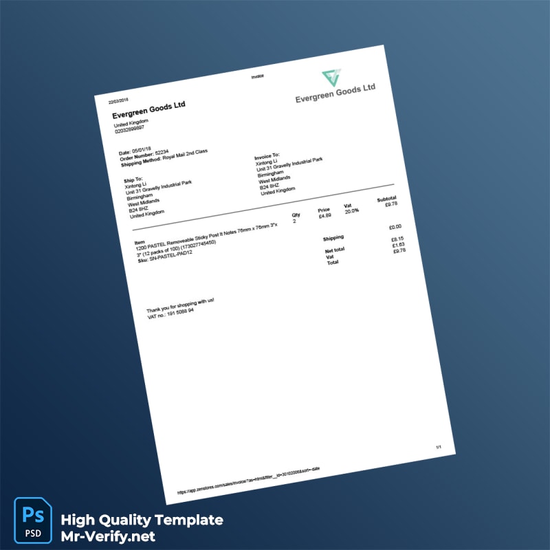 United Kingdom Evergreen Goods Ltd Invoice Template in Word and PDF formats United Kingdom Evergreen Goods Ltd Invoice Template in Word and PDF formats