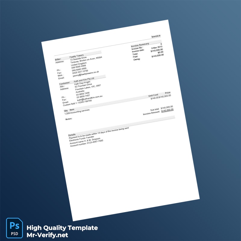 United Kingdom Fawlty Towers Invoice Template in Word and PDF formats United Kingdom Fawlty Towers Invoice Template in Word and PDF formats