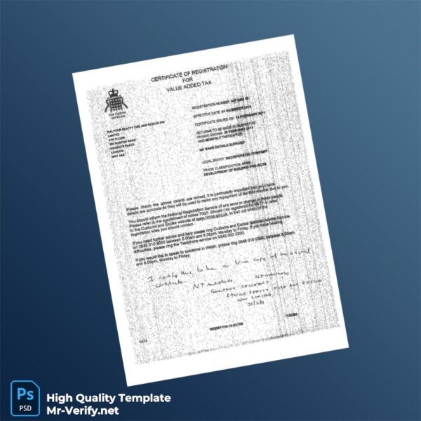 United Kingdom HM Revenue Customs VAT Registration Certificate Template in Word and PDF formats 3 page United Kingdom HM Revenue Customs VAT Registration Certificate Template in Word and PDF formats 3 page