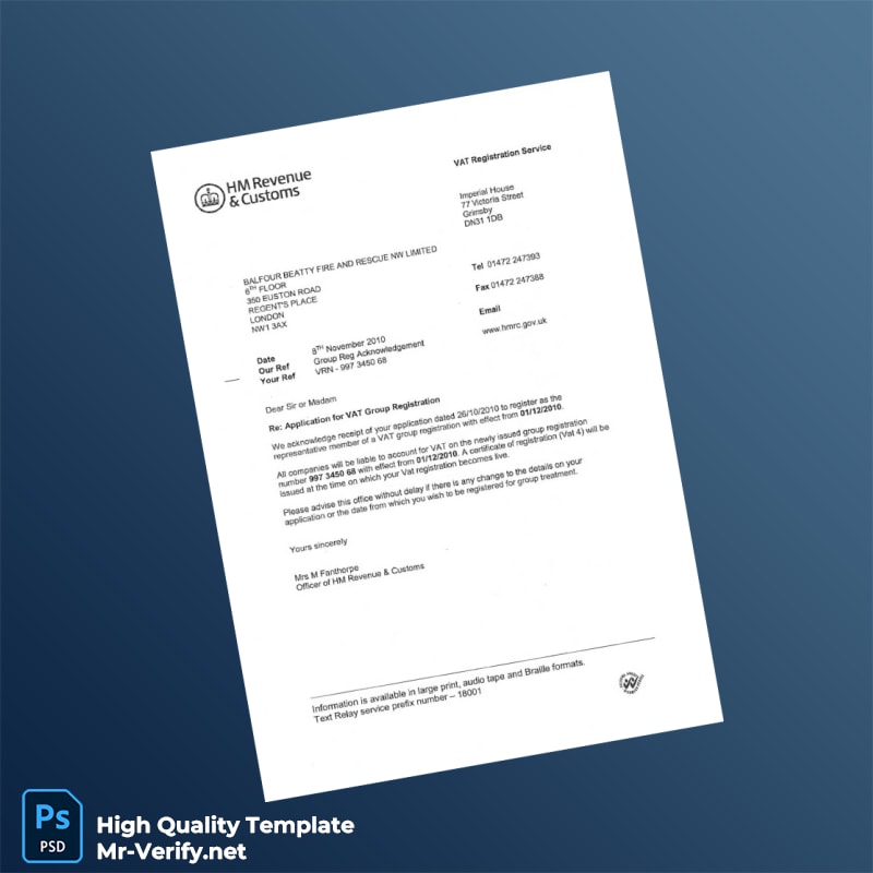 United Kingdom HM Revenue Customs VAT Registration Certificate Template in Word and PDF formats 3 page United Kingdom HM Revenue Customs VAT Registration Certificate Template in Word and PDF formats 3 page