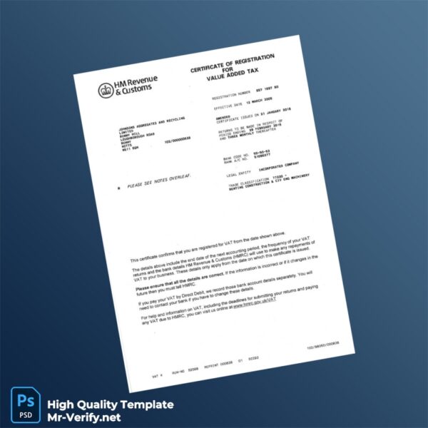 United Kingdom HMRC VAT Registration Certificate Template in Word and PDF formats 2 page United Kingdom HMRC VAT Registration Certificate Template in Word and PDF formats 2 page