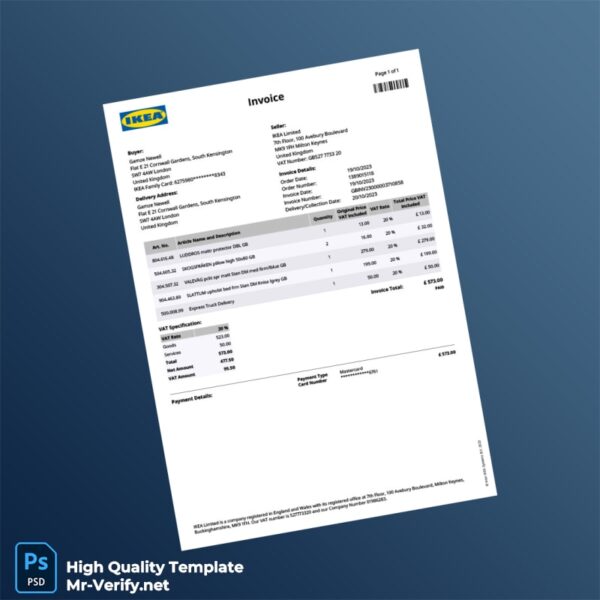 United Kingdom IKEA Limited Invoice Template in Word and PDF formats