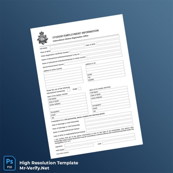 Editable United Kingdom International Visitors Registration Office Registration Information Form Word and Pdf Template