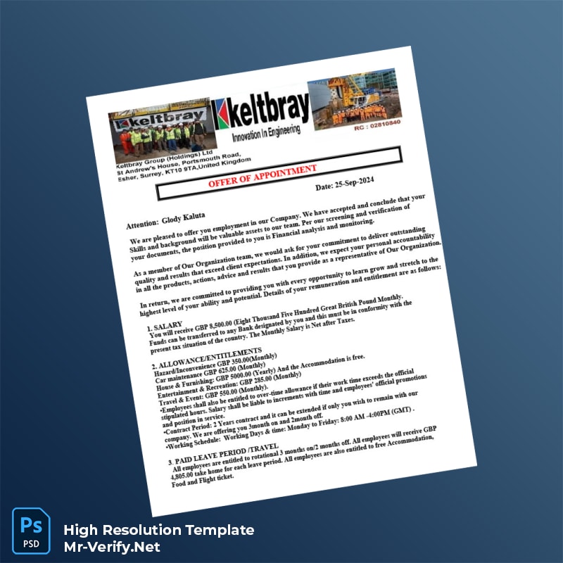 Editable United Kingdom Keltbray Employment Verification Letter Word and Pdf Template 2 page Editable United Kingdom Keltbray Employment Verification Letter Word and Pdf Template 2 page