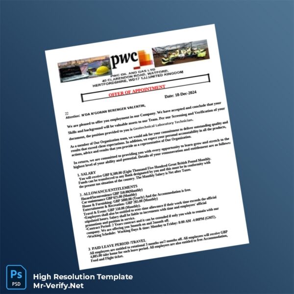 Editable United Kingdom PWC Oil and Gas Ltd Employment Verification Letter Word and Pdf Template 2 page Editable United Kingdom PWC Oil and Gas Ltd Employment Verification Letter Word and Pdf Template 2 page