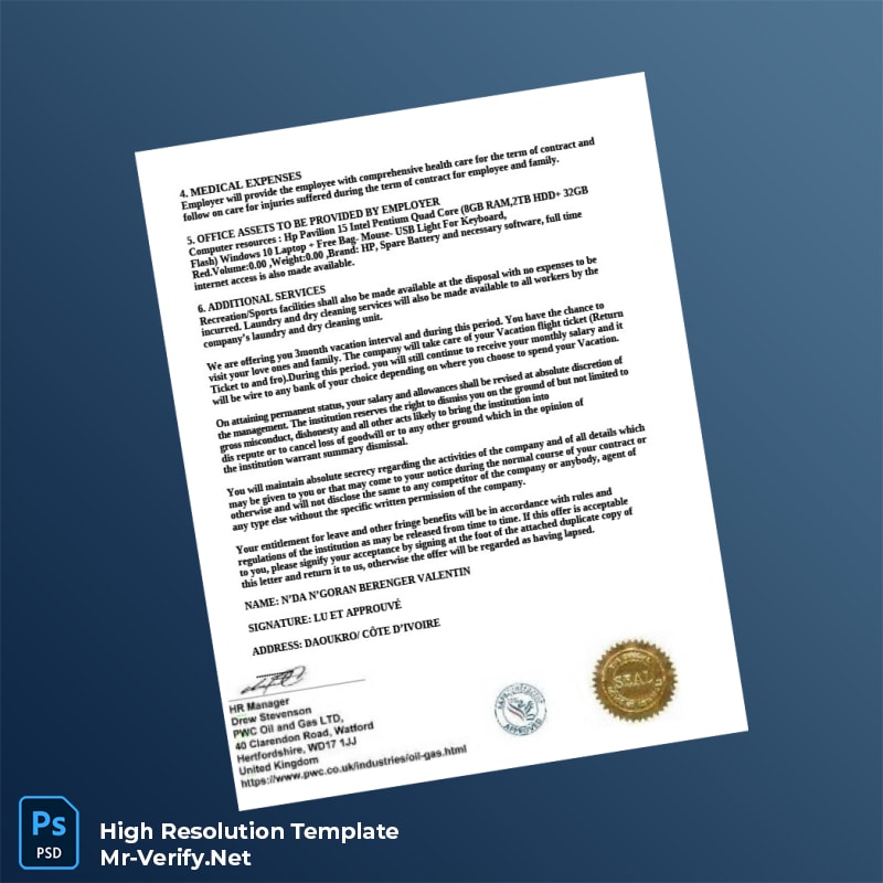 Editable United Kingdom PWC Oil and Gas Ltd Employment Verification Letter Word and Pdf Template 2 page Editable United Kingdom PWC Oil and Gas Ltd Employment Verification Letter Word and Pdf Template 2 page