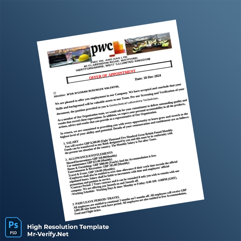 Editable United Kingdom PWC Oil and Gas Ltd Employment Verification Letter Word and Pdf Template 2 page Editable United Kingdom PWC Oil and Gas Ltd Employment Verification Letter Word and Pdf Template 2 page