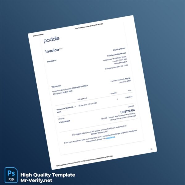 United Kingdom Paddle com Market Ltd Invoice Template in Word and PDF formats 2 page United Kingdom Paddle com Market Ltd Invoice Template in Word and PDF formats 2 page