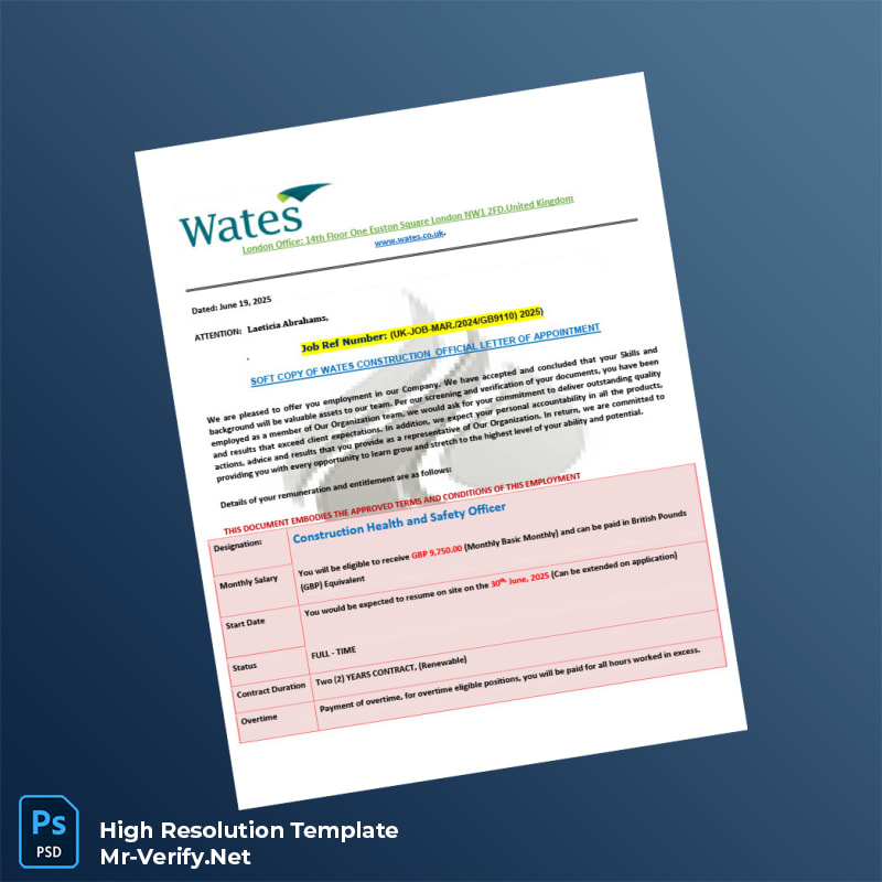 Editable United Kingdom Wates Construction Employment Verification Letter Word and Pdf Template 5 page Editable United Kingdom Wates Construction Employment Verification Letter Word and Pdf Template 5 page