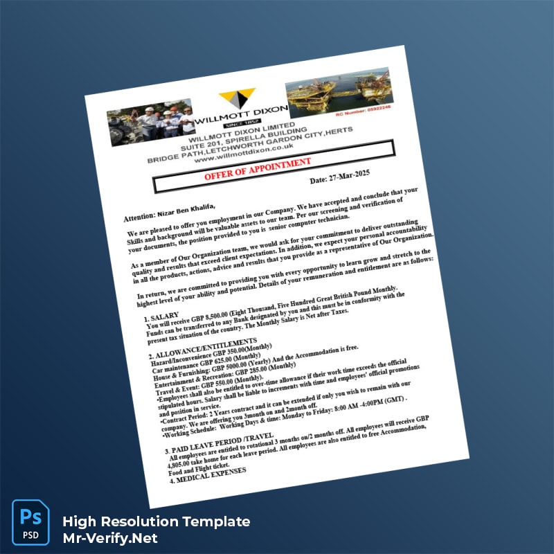 Editable United Kingdom Willmott Dixon Appointment and Confirmation Letter Word and Pdf Template 2 page Editable United Kingdom Willmott Dixon Appointment and Confirmation Letter Word and Pdf Template 2 page