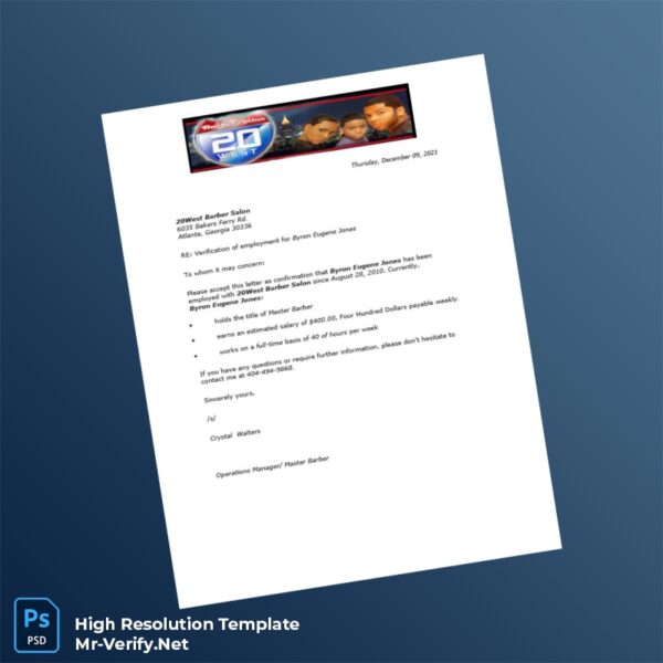 Editable United States 20West Barber Salon Employment Verification Letter Word and Pdf Template 3 page