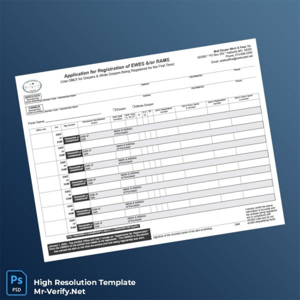 Editable United States American Dorper Sheep Breeders Society Registration Certificate Word and Pdf Template 2 page