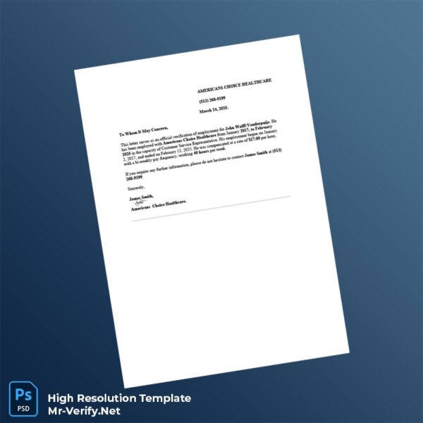 Editable United States Americans Choice Healthcare Employment Verification Letter Word and Pdf Template
