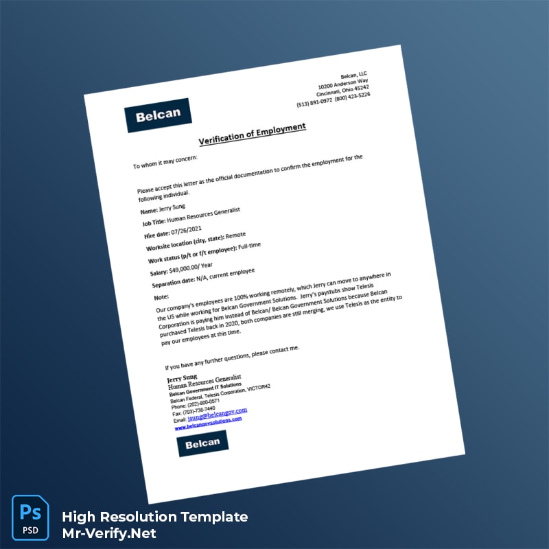 Editable United States Belcan LLC Employment Verification Letter Word and Pdf Template Editable United States Belcan LLC Employment Verification Letter Word and Pdf Template