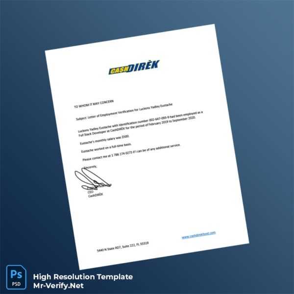Editable United States CashDIRÈK Employment Verification Letter Word and Pdf Template Editable United States CashDIRÈK Employment Verification Letter Word and Pdf Template