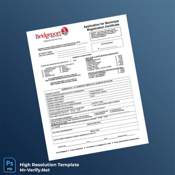 United States City of Bridgeport Municipal Registration Certificate Word and Pdf Template United States City of Bridgeport Municipal Registration Certificate Word and Pdf Template