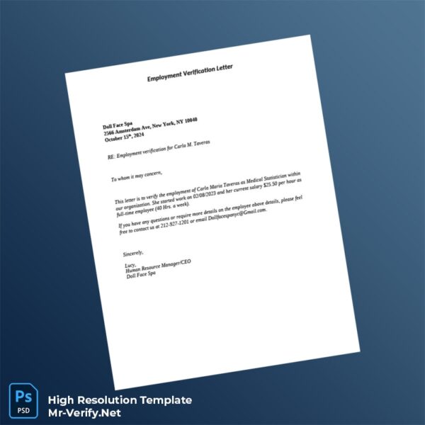 Editable United States Doll Face Spa Employment Verification Letter Word and Pdf Template