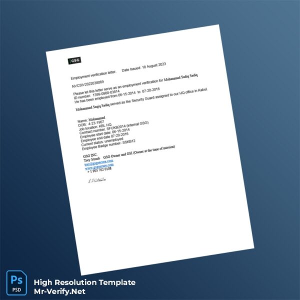Editable United States GSG INC Employment Verification Letter Word and Pdf Template