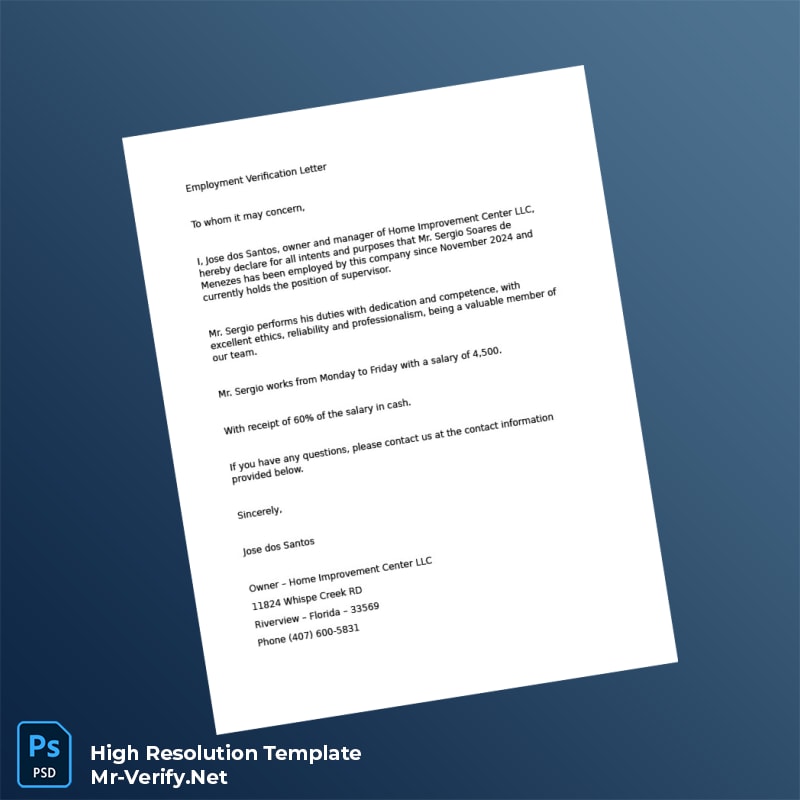 Editable United States Home Improvement Center LLC Employment Verification Letter Word and Pdf Template Editable United States Home Improvement Center LLC Employment Verification Letter Word and Pdf Template
