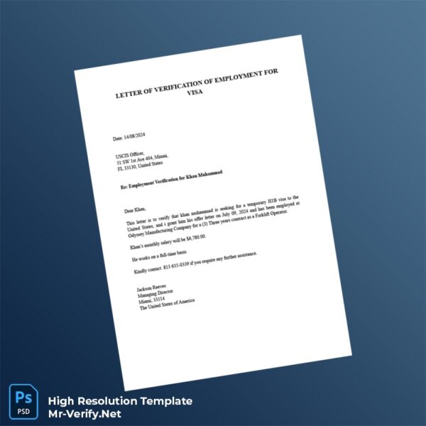 Editable United States Odyssey Manufacturing Company Employment Verification Letter Word and Pdf Template