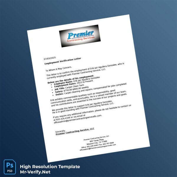 Editable United States Premier Contracting Service Employment Verification Letter Word and Pdf Template