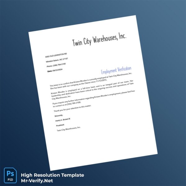 Editable United States Twin City Warehouses Inc Employment Verification Letter Word and Pdf Template