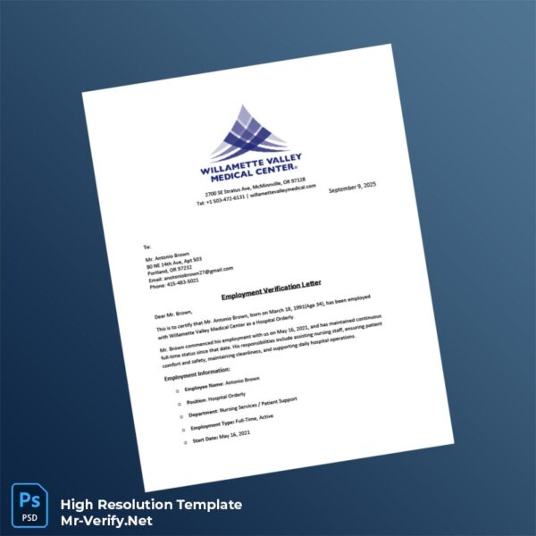 Editable United States Willamette Valley Medical Center Employment Verification Letter Word and Pdf Template 2 page Editable United States Willamette Valley Medical Center Employment Verification Letter Word and Pdf Template 2 page