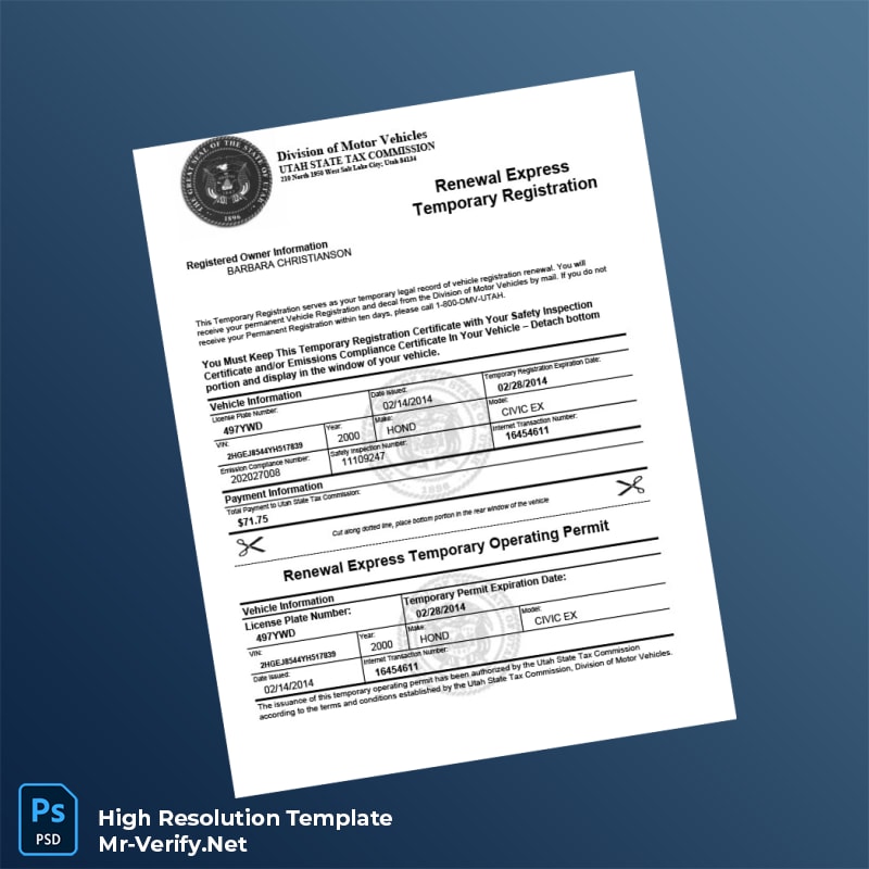 Editable Utah Division of Motor Vehicles Temporary Registration Certificate Word and Pdf Template Editable Utah Division of Motor Vehicles Temporary Registration Certificate Word and Pdf Template