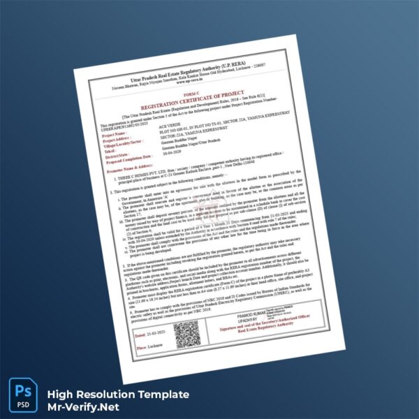 Editable Uttar Pradesh Real Estate Regulatory Authority Registration Certificate Word and Pdf Template Editable Uttar Pradesh Real Estate Regulatory Authority Registration Certificate Word and Pdf Template