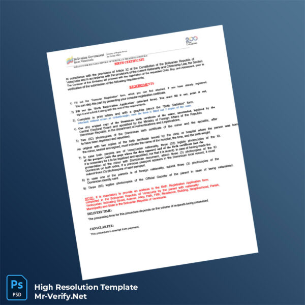 Editable Venezuela Embassy Birth Registration Certificate Word and Pdf Template 6 page