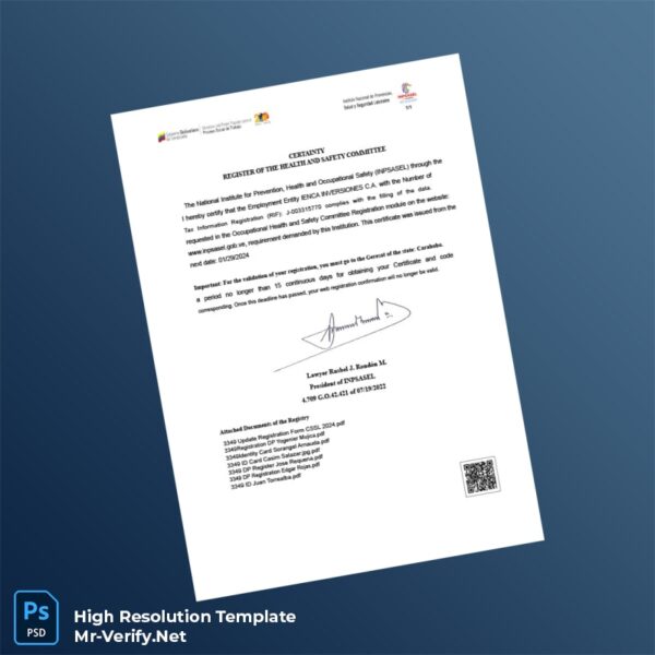 Venezuela INPSASEL Registration Certificate Word and Pdf Template