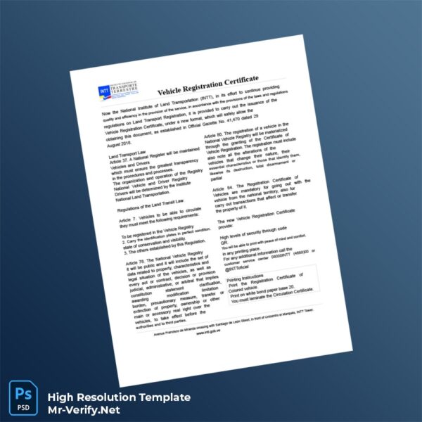 Editable Venezuela INTT Vehicle Registration Certificate Word and Pdf Template 2 page
