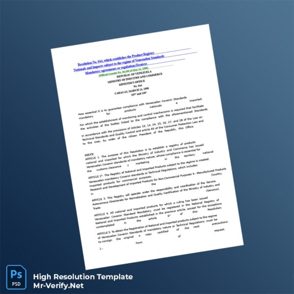 Editable Venezuela Ministry of Commerce National Products Registration Certificate Word and Pdf Template 6 page Editable Venezuela Ministry of Commerce National Products Registration Certificate Word and Pdf Template 6 page