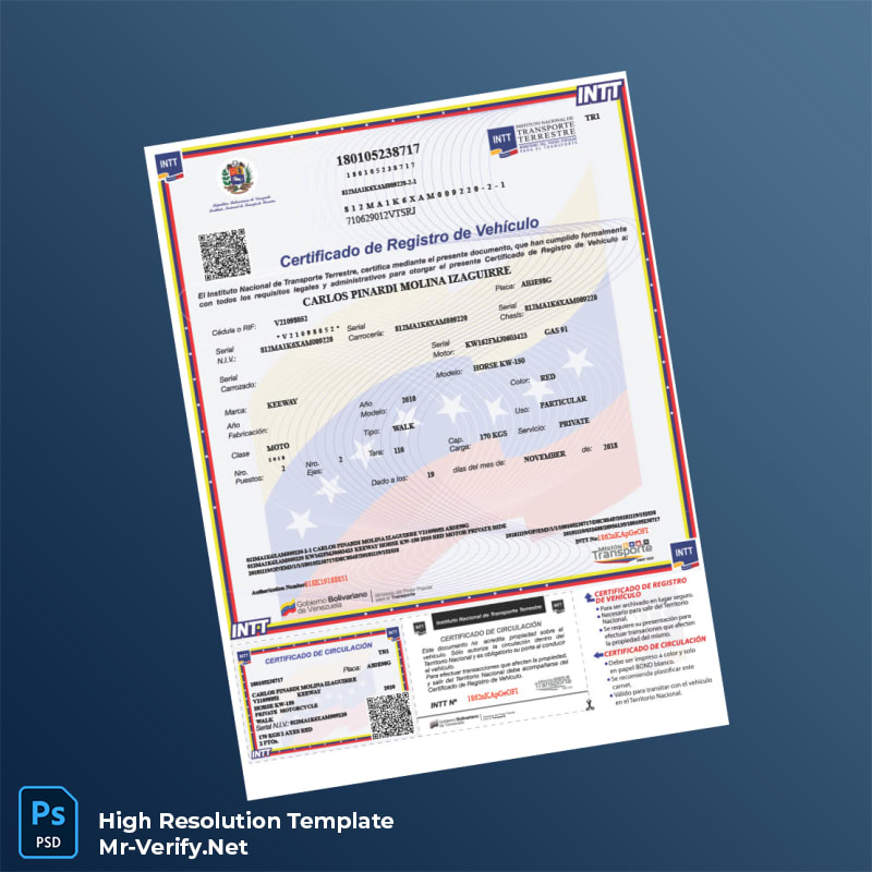 Editable Venezuela National Institute of Land Transport Vehicle Registration Certificate Word and Pdf Template 2 page Editable Venezuela National Institute of Land Transport Vehicle Registration Certificate Word and Pdf Template 2 page