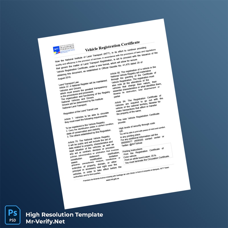 Editable Venezuela National Institute of Land Transport Vehicle Registration Certificate Word and Pdf Template 2 page Editable Venezuela National Institute of Land Transport Vehicle Registration Certificate Word and Pdf Template 2 page