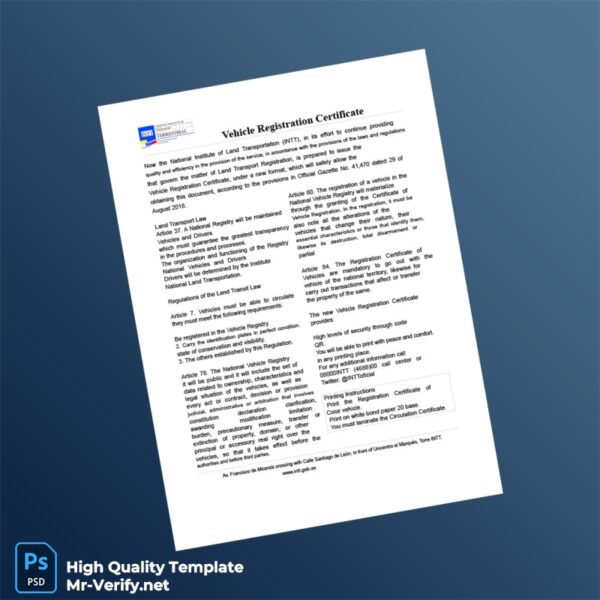 Venezuela National Institute of Land Transportation Vehicle Registration Certificate Template in Word and PDF formats 2 page