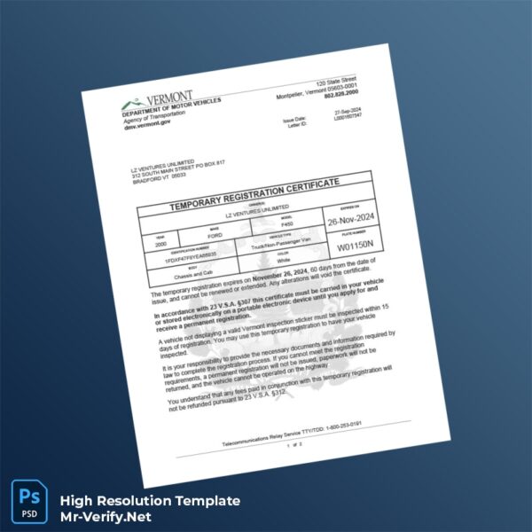 Editable Vermont Department of Motor Vehicles Temporary Registration Certificate Word and Pdf Template 2 page