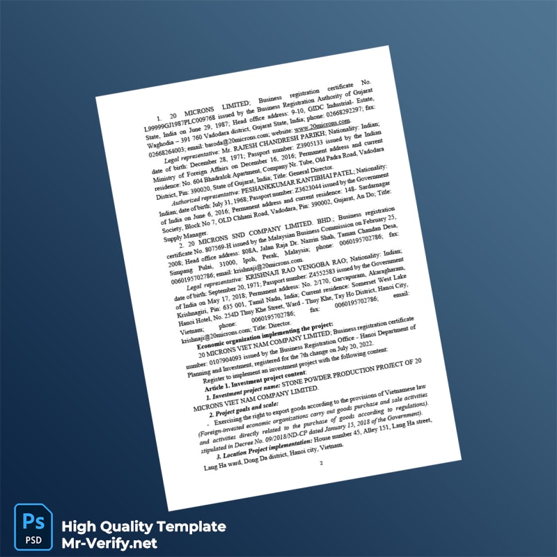 Vietnam Hanoi Department of Planning and Investment Investment Registration Certificate Template in Word and PDF formats 4 page Vietnam Hanoi Department of Planning and Investment Investment Registration Certificate Template in Word and PDF formats 4 page