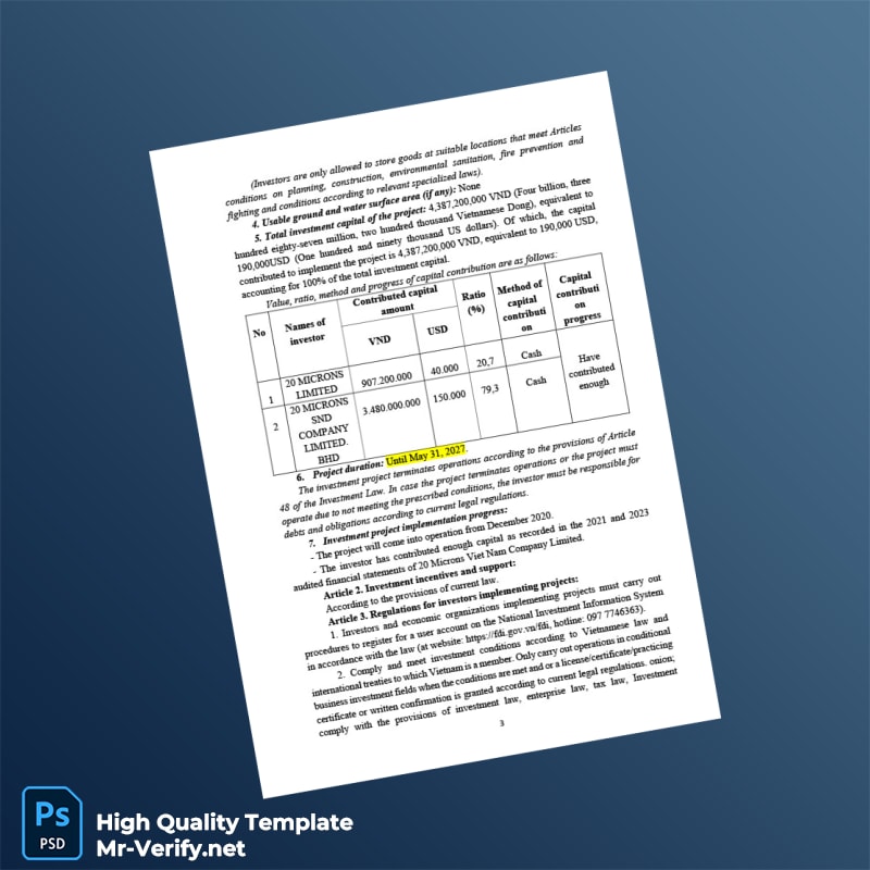 Vietnam Hanoi Department of Planning and Investment Investment Registration Certificate Template in Word and PDF formats 4 page Vietnam Hanoi Department of Planning and Investment Investment Registration Certificate Template in Word and PDF formats 4 page