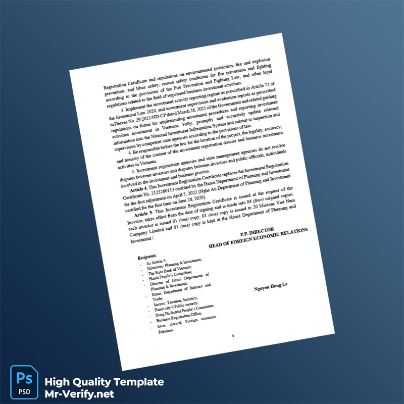 Vietnam Hanoi Department of Planning and Investment Investment Registration Certificate Template in Word and PDF formats 4 page Vietnam Hanoi Department of Planning and Investment Investment Registration Certificate Template in Word and PDF formats 4 page