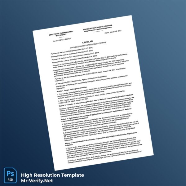 Editable Vietnam Ministry of Planning and Investment Enterprise Registration Circular Word and Pdf Template 6 page Editable Vietnam Ministry of Planning and Investment Enterprise Registration Circular Word and Pdf Template 6 page
