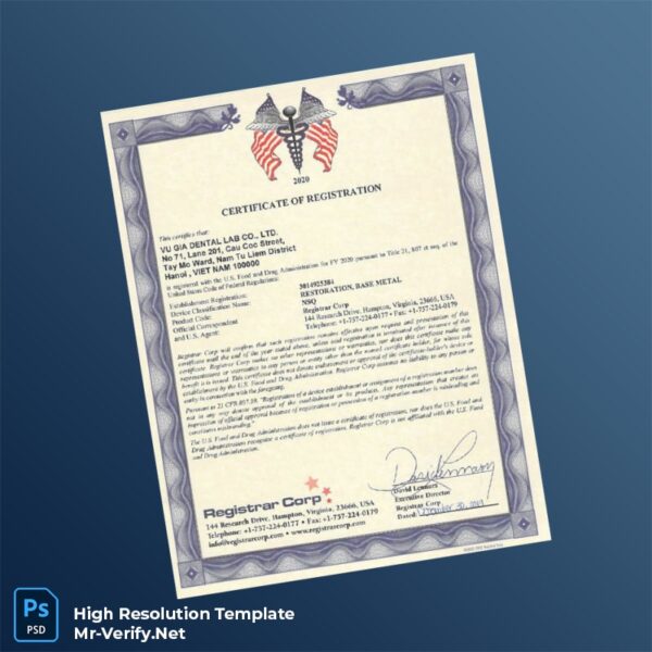 Editable Vietnam Registrar Corp Certificate of Registration Word and Pdf Template